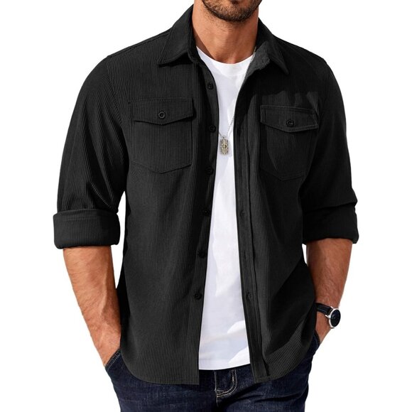 Coofandy Men Black Corduroy Button Down Lightweight Jacket with Flap Pockets - Picture 1 of 5